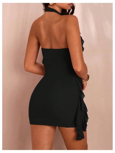 Women's 3D Floral Ruffle Trim Bodycon Mini Dresses Halter V Neck Sleeveless Cocktail Party Dresses