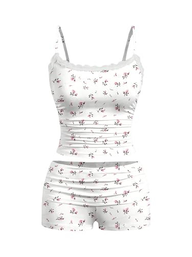 Women's 2 Piece Cute Pajama Set Cartoon Print Ruched Cami Crop Tops and Shorts Lounge Sets