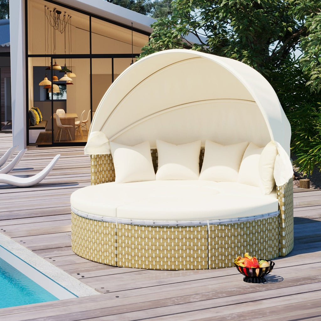 Patio Furniture Round Outdoor Sectional Sofa Set Rattan Daybed Two-Tone Weave Sunbed With Ret