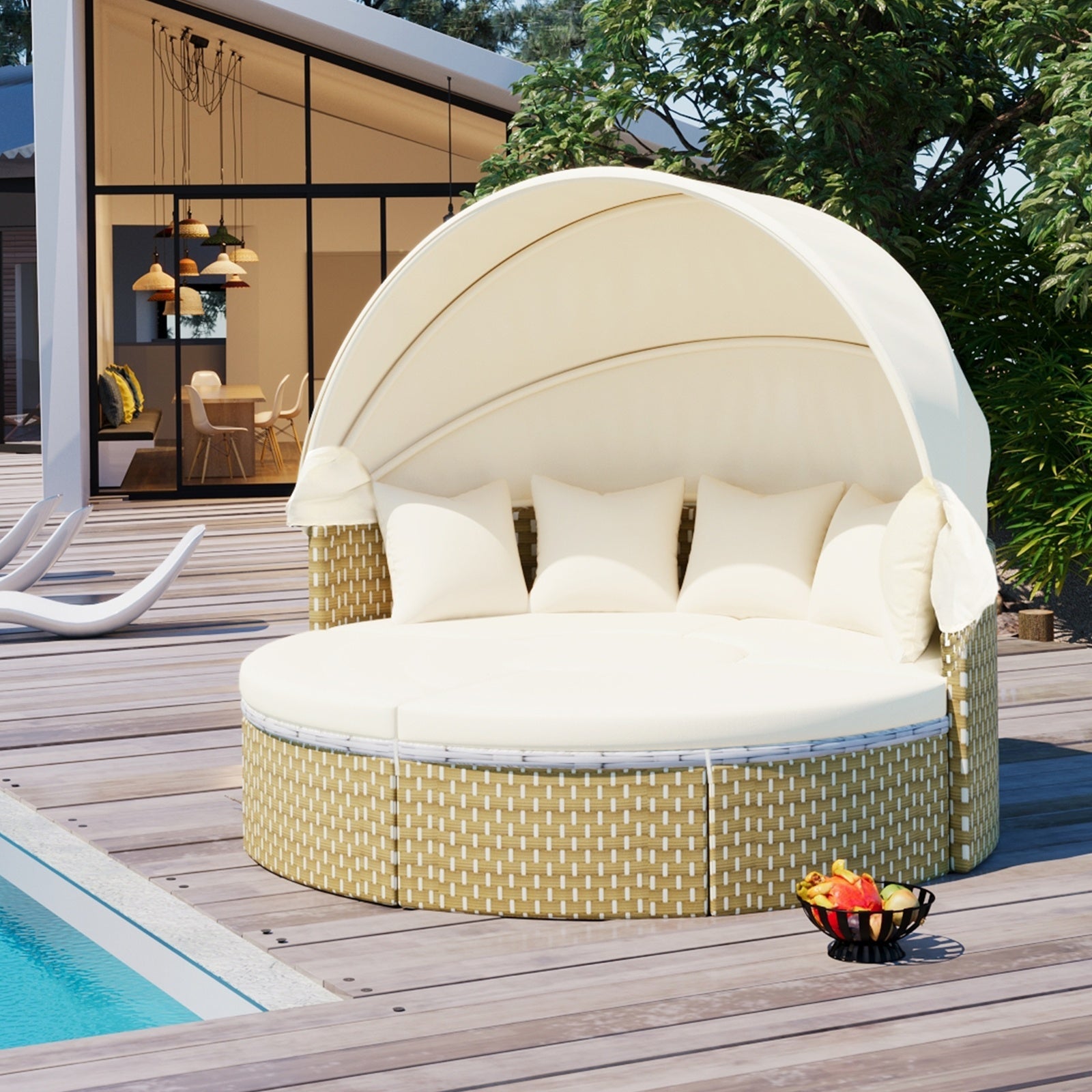 Patio Furniture Round Outdoor Sectional Sofa Set Rattan Daybed Two-Tone Weave Sunbed With Ret