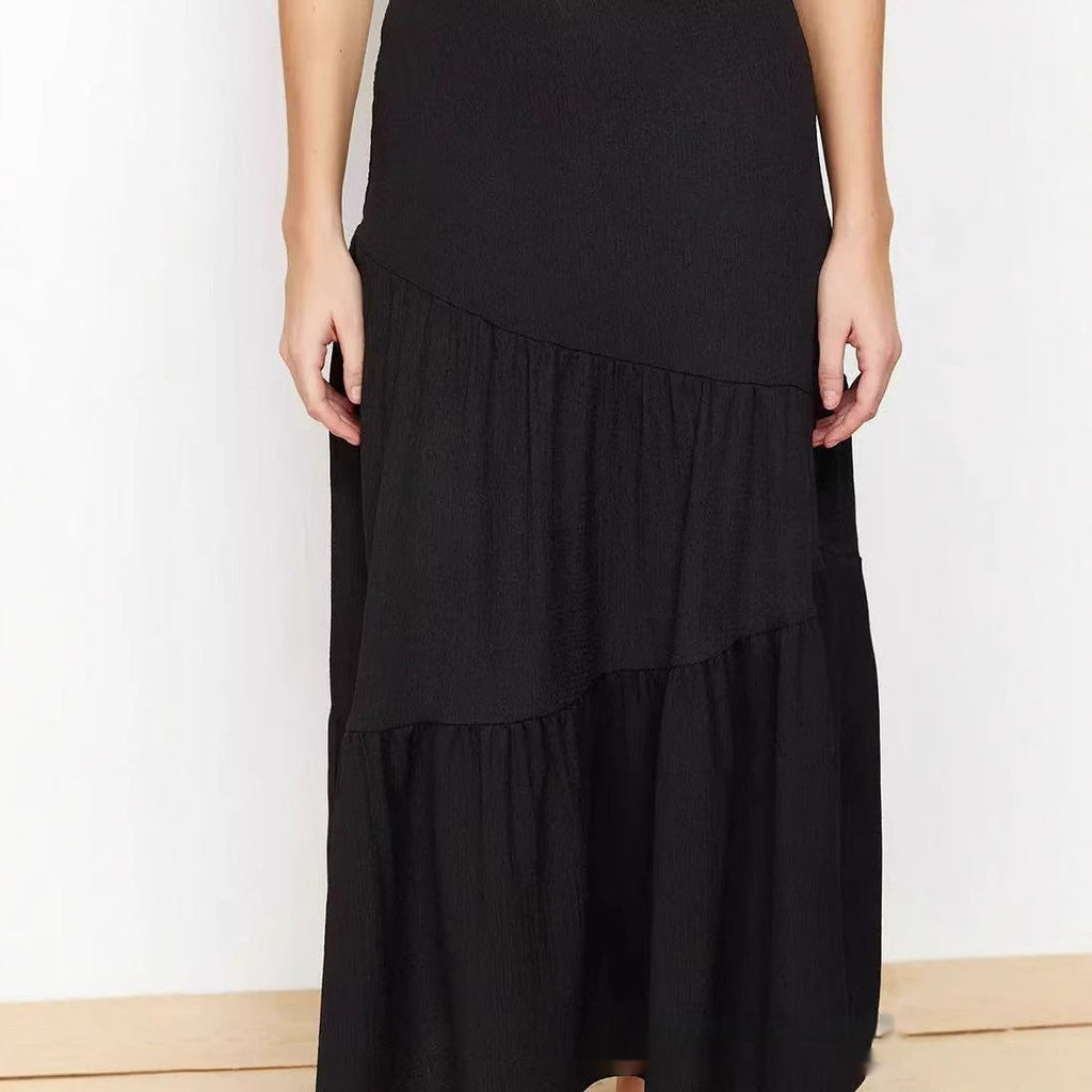 High Waist Elastic Skirt Irregular Pleated A- Line Big Hem Dress