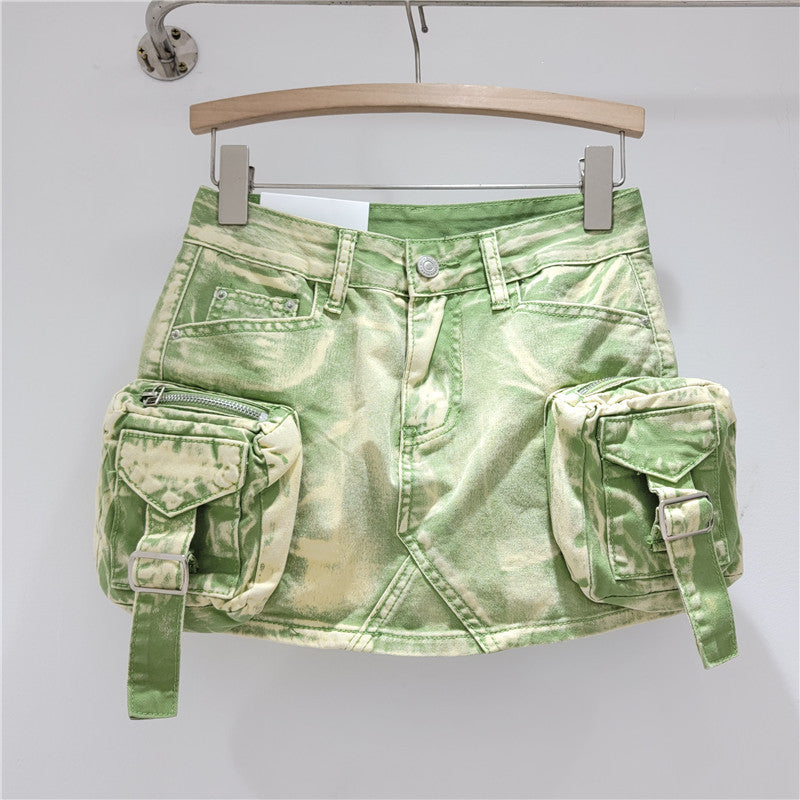 Retro Three-dimensional Workwear With Pocket Denim Skirt