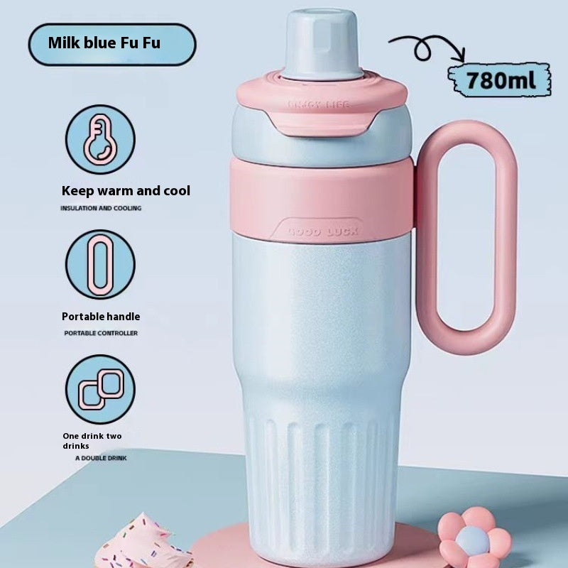 Gradient Double Drink Thermal Cup Stainless Steel With Lid Coffee Cup Thermos Large Capacity Straw Cup 780ml