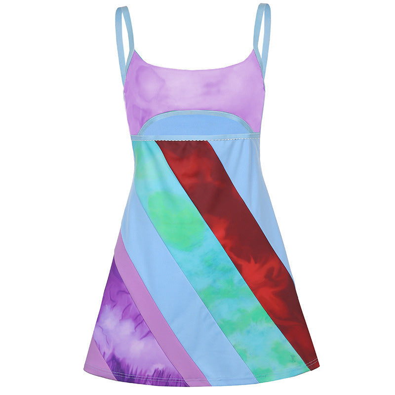 Sexy Y2K Aesthetic Patchwork Front Cut Out Stripe Spaghetti Strap Dress