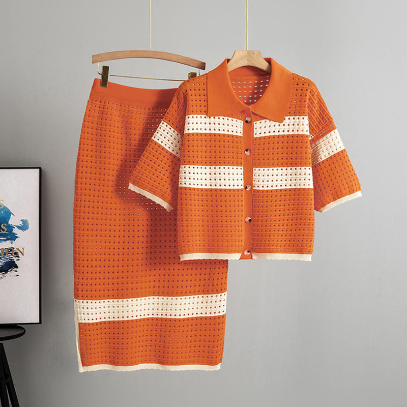 Knitted Short-sleeved Cardigan Midi Skirt Two-piece Set