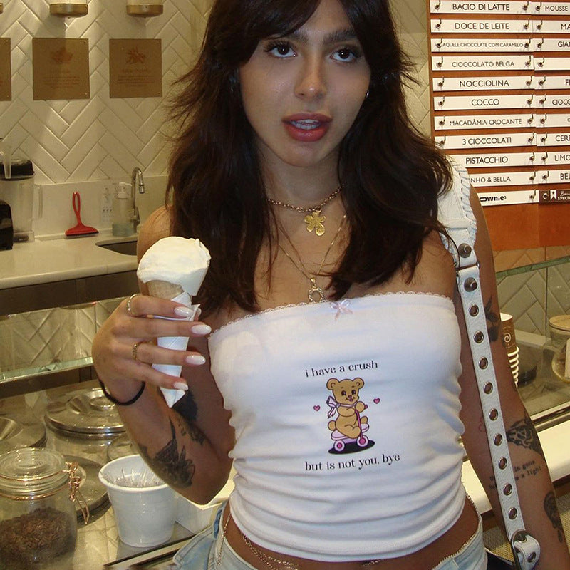 Women's Cute Fashion Bear Letter Print Bow Lace-collared Blouse