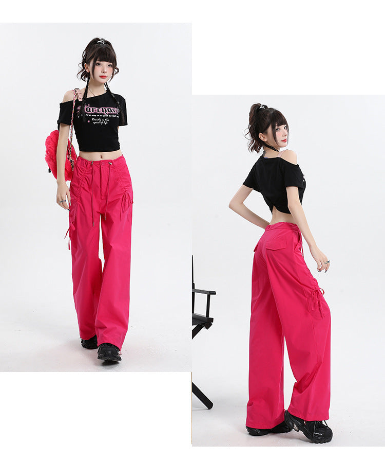 Straight Cargo Pants Women Bow Drawstring Wide Leg Track Pants