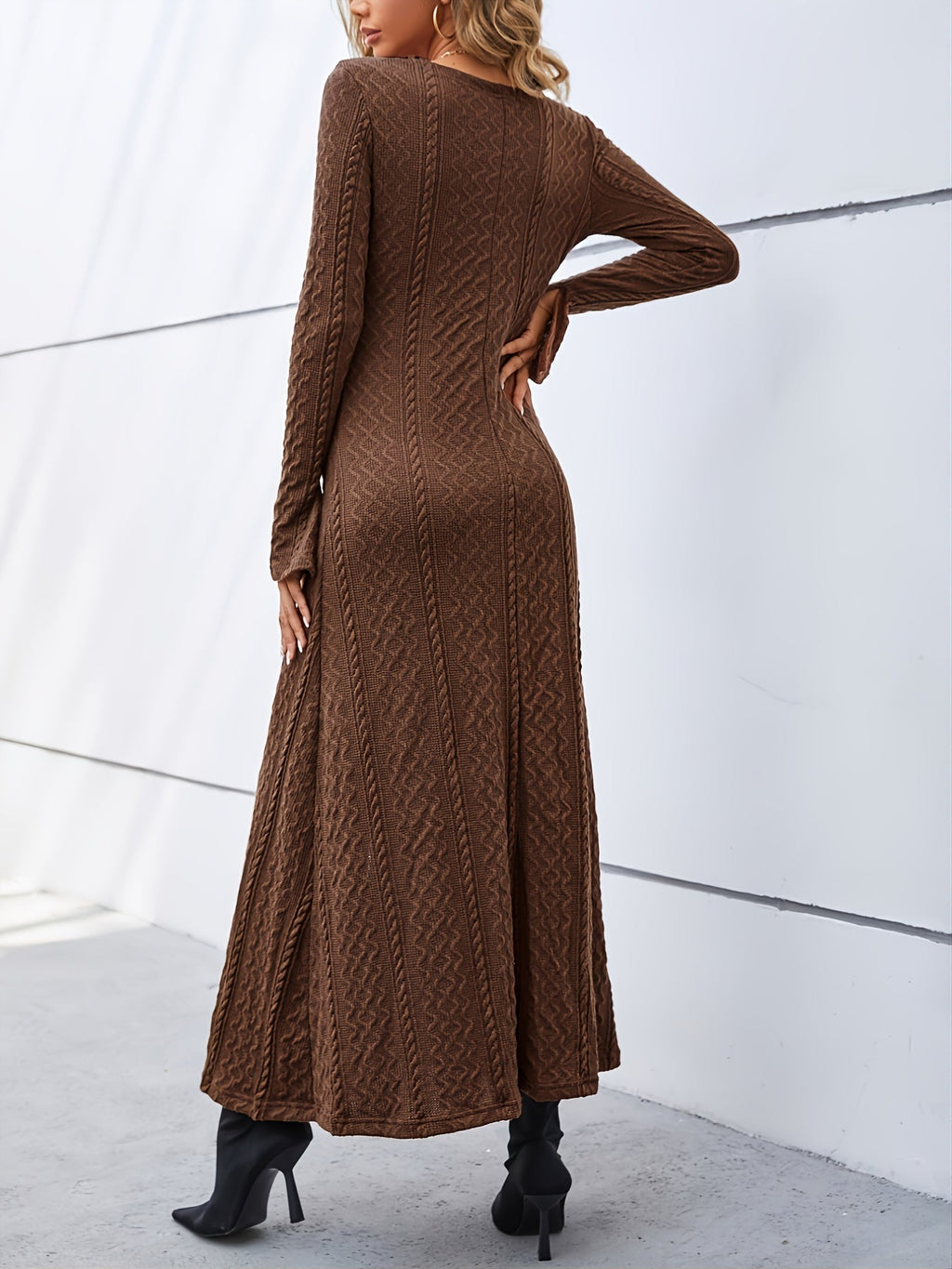 Elegant Buttons Slit Long Dress, Casual Deep V Neck Long Sleeve Waist Long Dresses