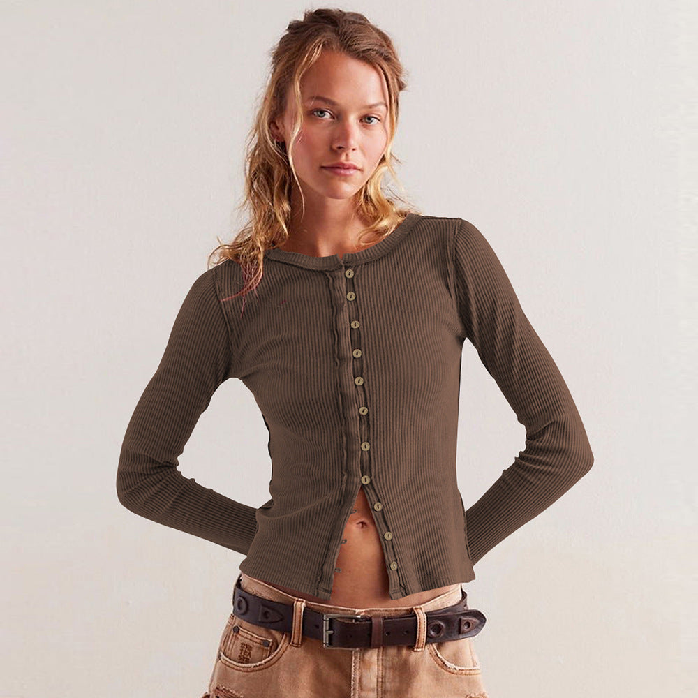 Round Neck Button Rib Solid Color Autumn And Winter Warm Cardigan Jacket For Women