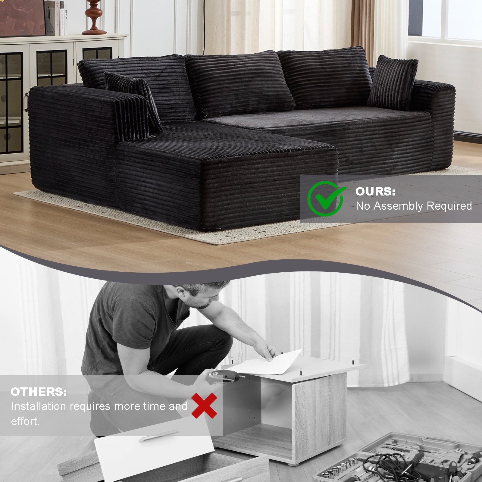 Compression Sectional Couch With Comfy Chaise, Boneless L Shape Sofa With Deep Seat, Minimalist Modular Couches Sleeper