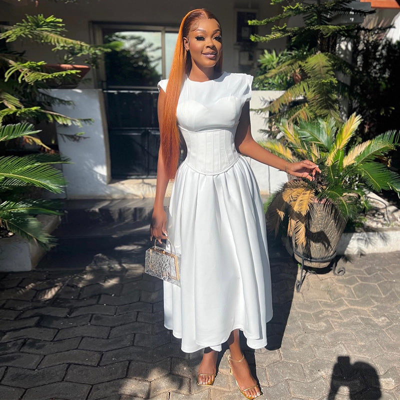 Round Neck Waist Cinched High Waist Fishbone A-line Skirt Dress