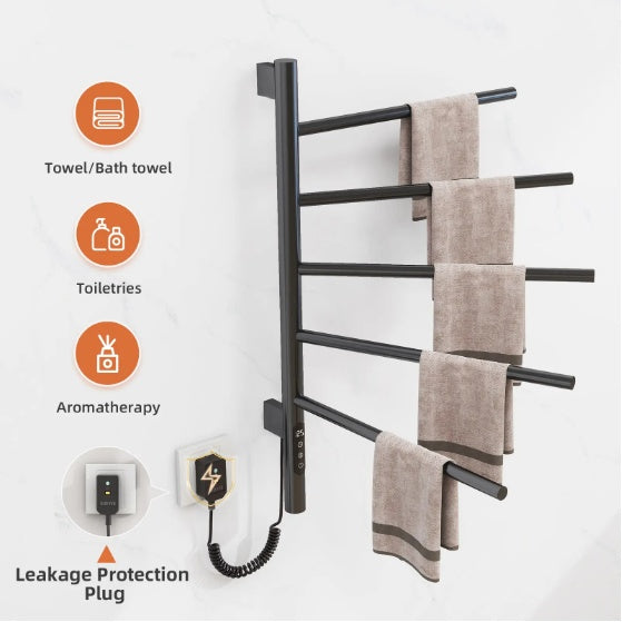 Electric Towel Warmer  Rotating Heated Towel Rack With 1 9H Timer  85W Wall Mounted 5 Bars Electric Towel Rail Concealed Installation Towel Warmer For Bathroom Black