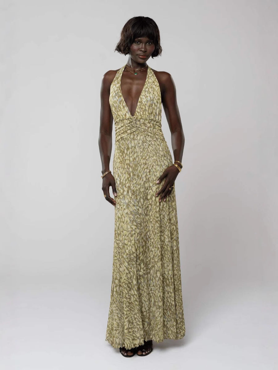 Women's Backless Slim Fit Printed Halter Dress