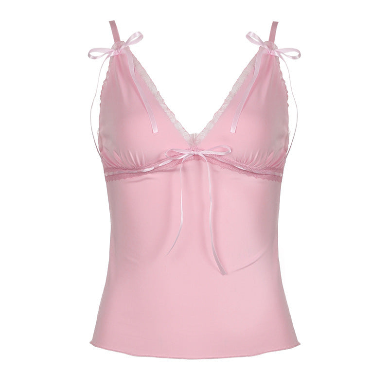 Hot Girl Style Lace Flounce Trim Lace Up Bow Suspenders