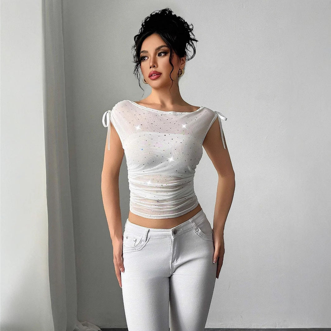 Sequined Mesh Off-the-shoulder Bow Pleated T-shirt