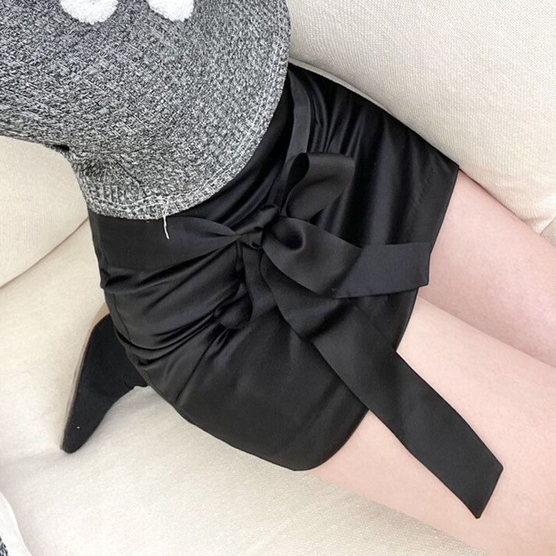 Women All-match Bow Lace-up Satin Hip Skirt