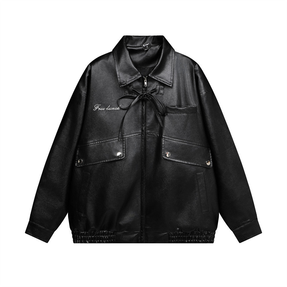 Bow Tie Loose Motorcycle Clothing Leather Coat
