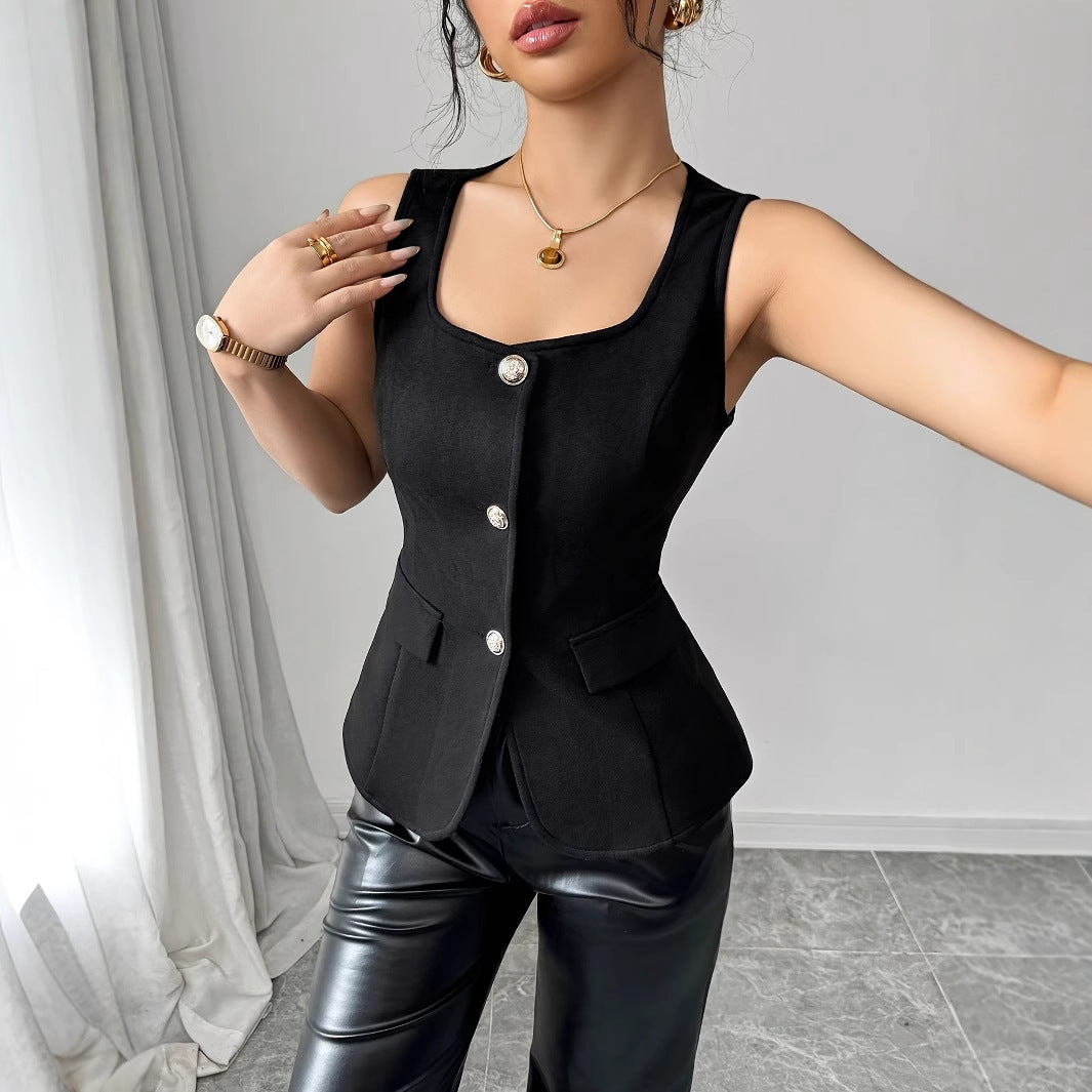 Fashionable Summer Solid Color Button Fake Pocket Square Neck Women's Slim Fit Vest