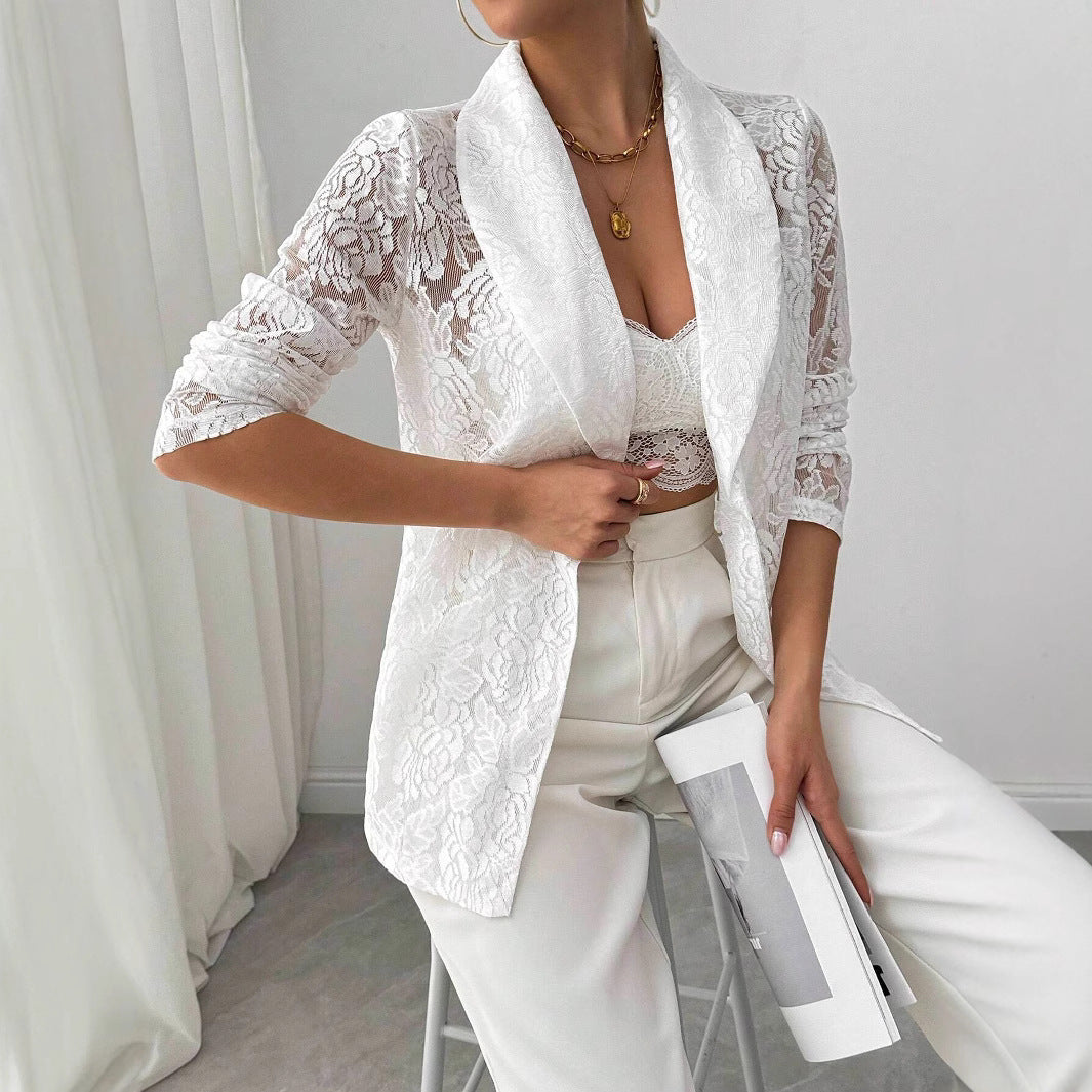 Lace Embroidery White Casual Blazer Women