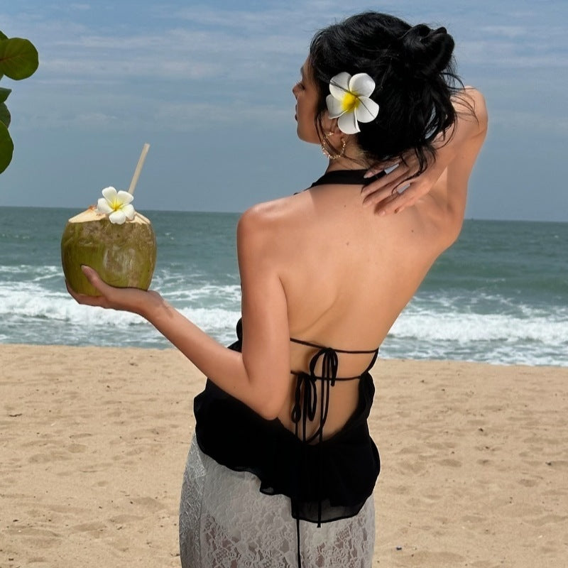 New Fashion Solid Color Lace-up Hollow Slim Halter Top