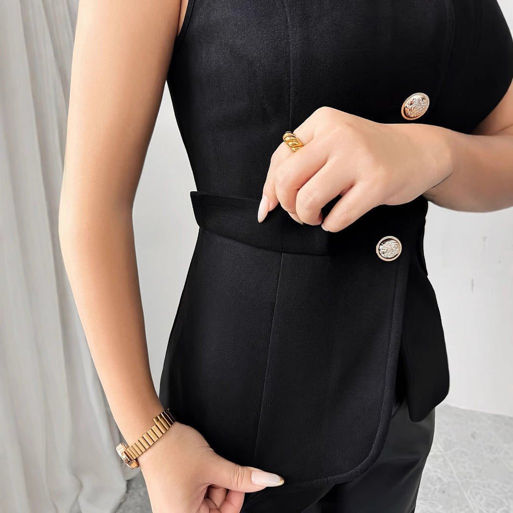 Fashionable Summer Solid Color Button Fake Pocket Square Neck Women's Slim Fit Vest