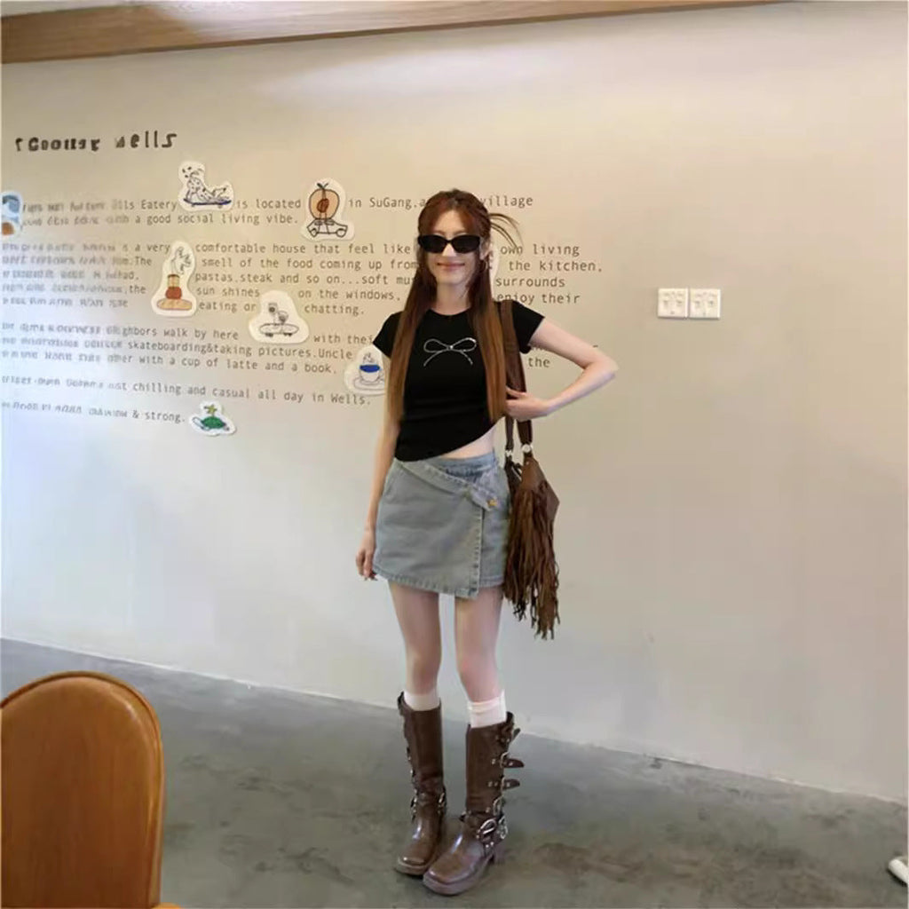 Hot Girl Short-sleeved T-shirt Navel Black Bow