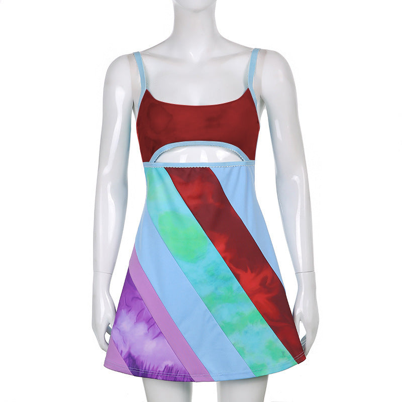 Sexy Y2K Aesthetic Patchwork Front Cut Out Stripe Spaghetti Strap Dress