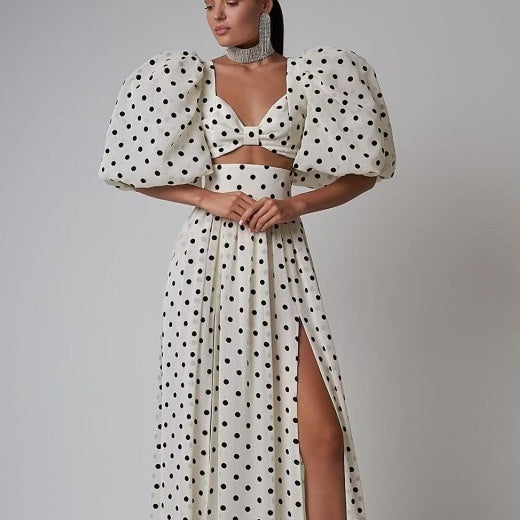 Sexy Polka Dot Split Top Mid-length Dress Set