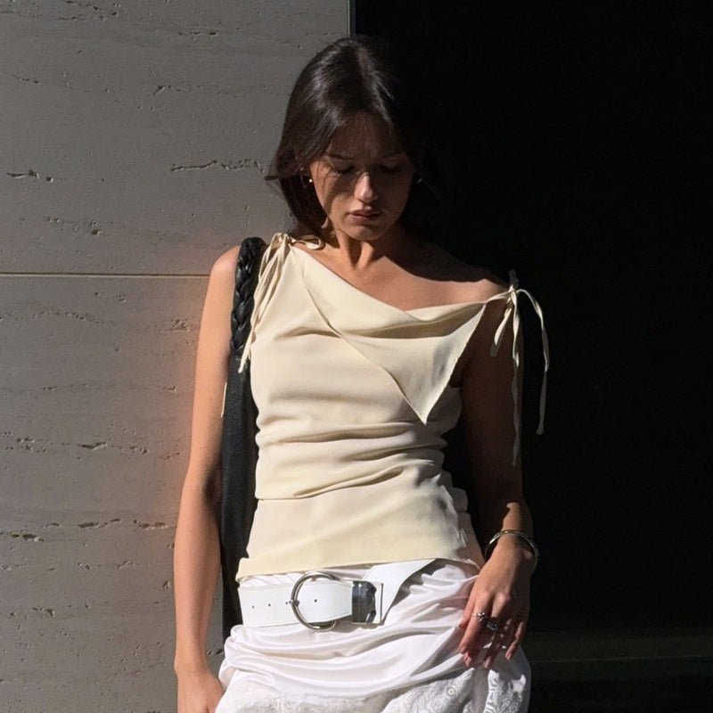 Women's Drawstring Patchwork Sleeveless Irregular Temperament Vest T-shirt Top