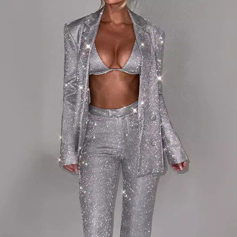 Shiny Long-sleeved Suit With Bra Lapel Blazer And Straight-leg Trousers Fashion Party Jacket Set For Women Clothing 3pcs