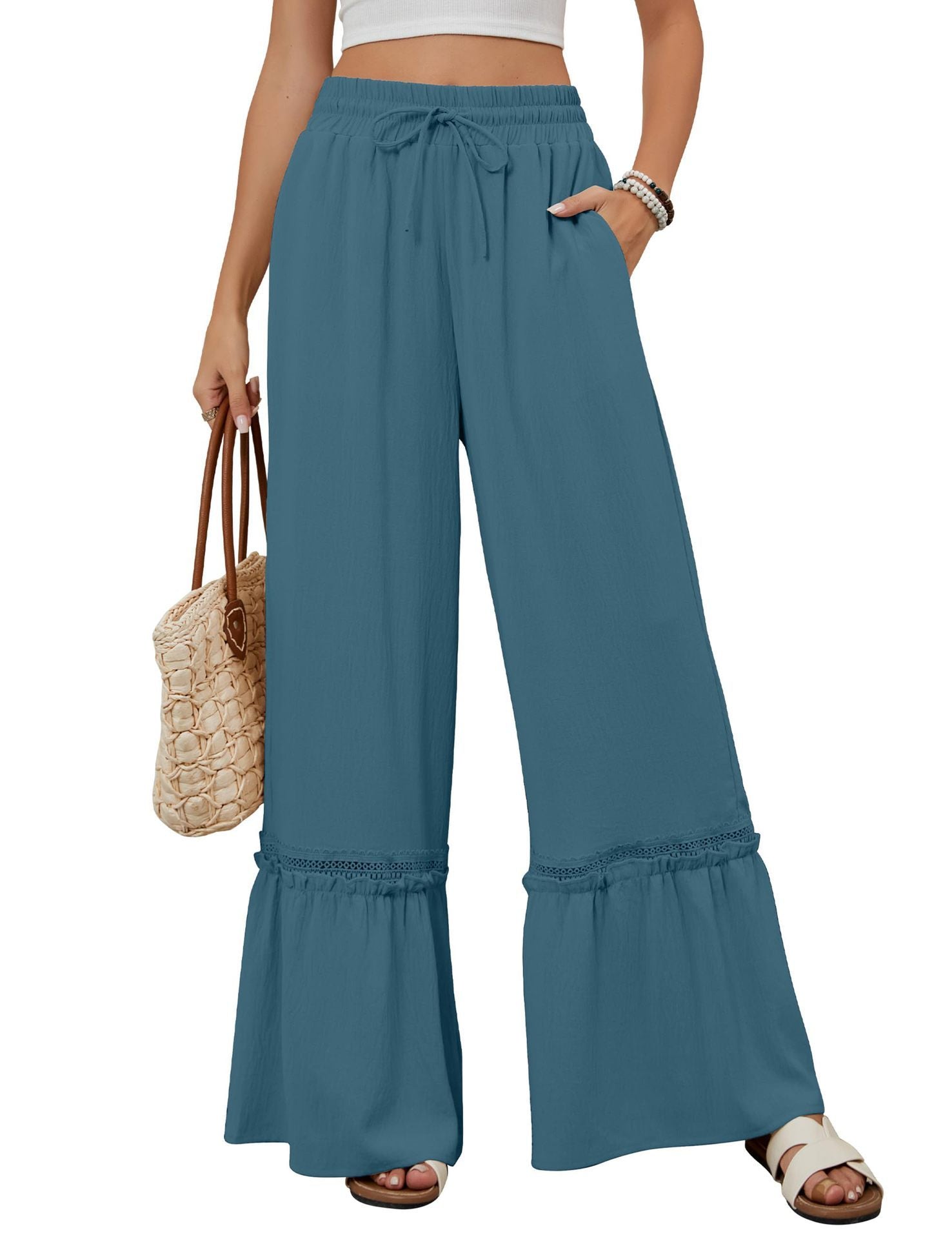 Solid Color High Waist Casual Pants Women's Drawstring Wide Leg Pants