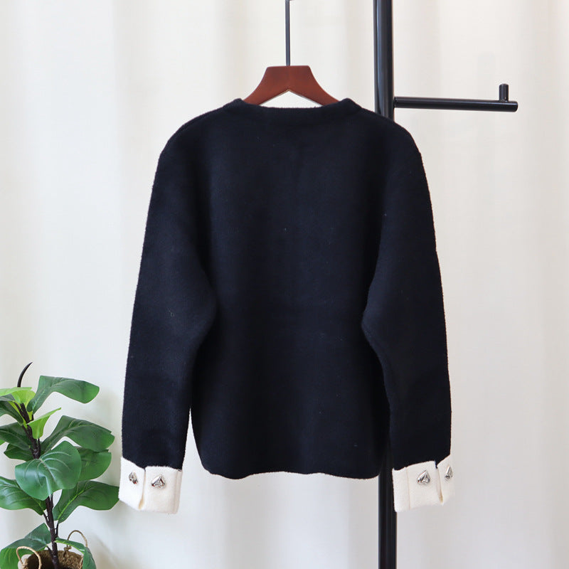 Love Contrast Color Design Knitted Double-faced Woolen Goods Cardigan