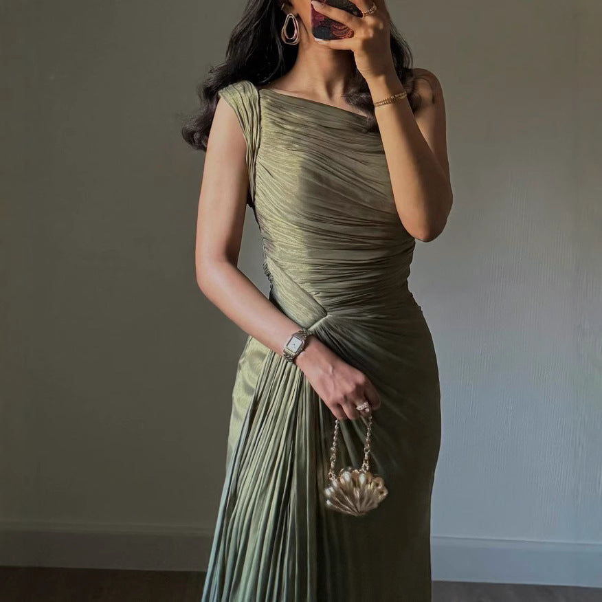 Pleated Ribbon Shiny Evening Dress