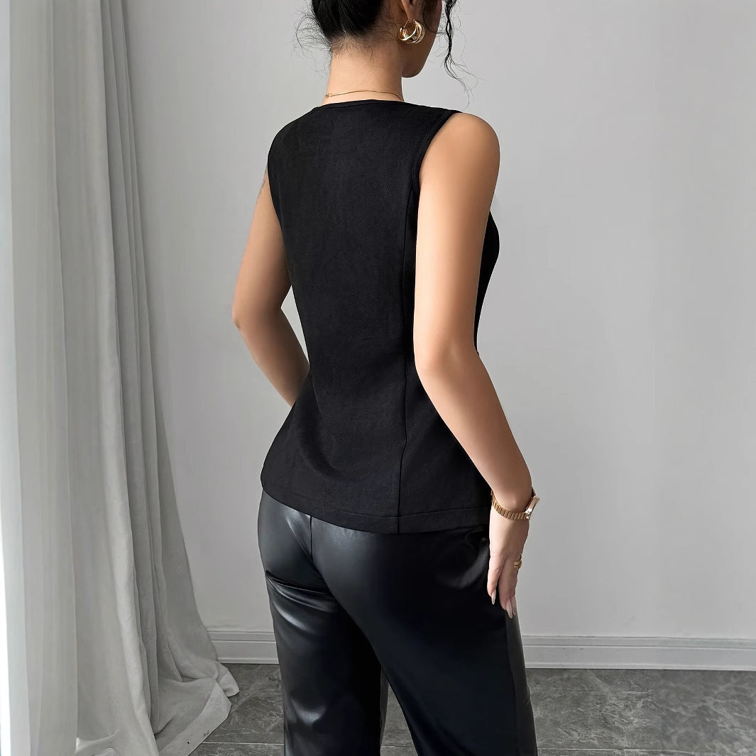 Fashionable Summer Solid Color Button Fake Pocket Square Neck Women's Slim Fit Vest