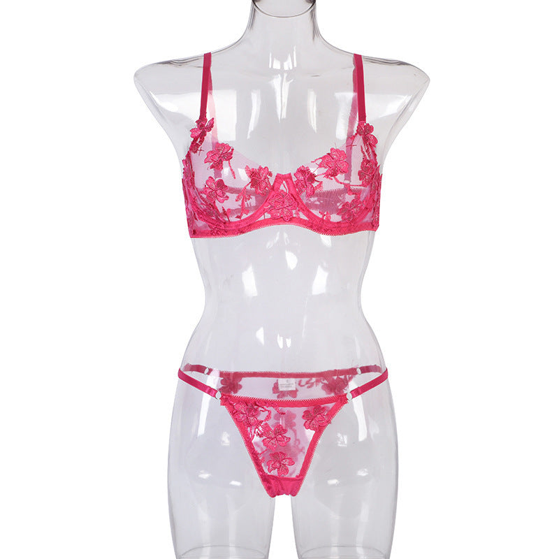 Sexy Romantic Heavy Flower Embroidery See-through Sexy Lingerie Set