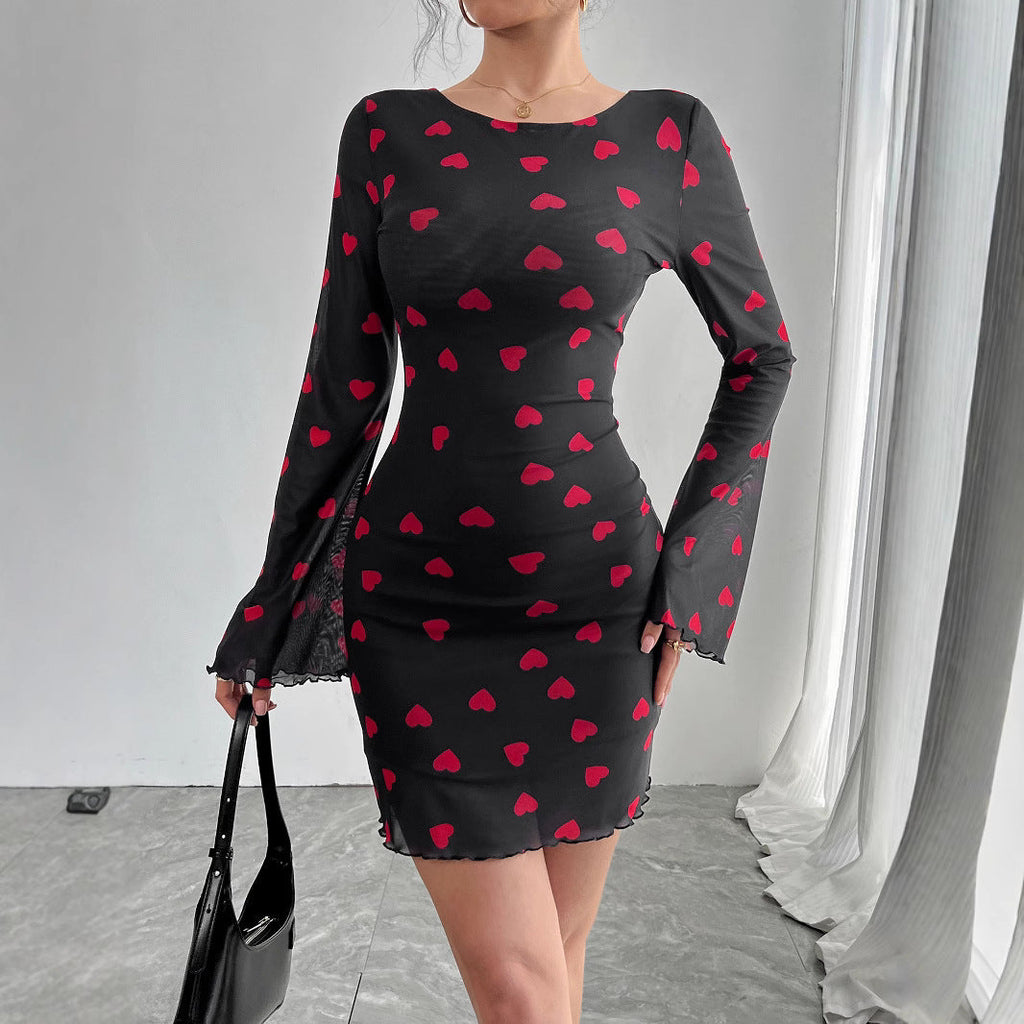 Heart Printing Flare Sleeve Backless Mesh Dress