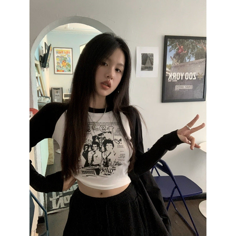 Stitching Contrast Color Cotton Printed Short Top Tight-Fitting Long-Sleeved T-shirt Women Grunge Clothes