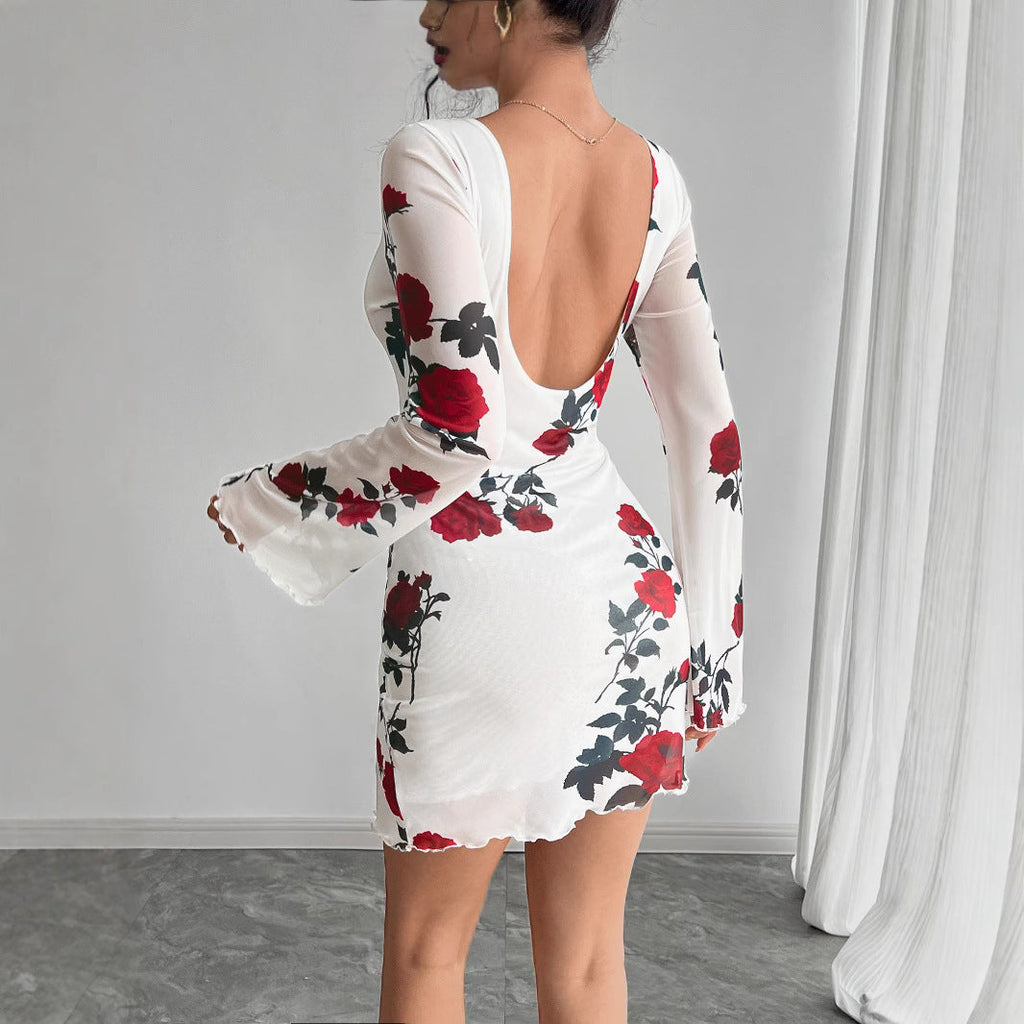Sexy Floral Backless Gauzy Bell Sleeve Mini Dress