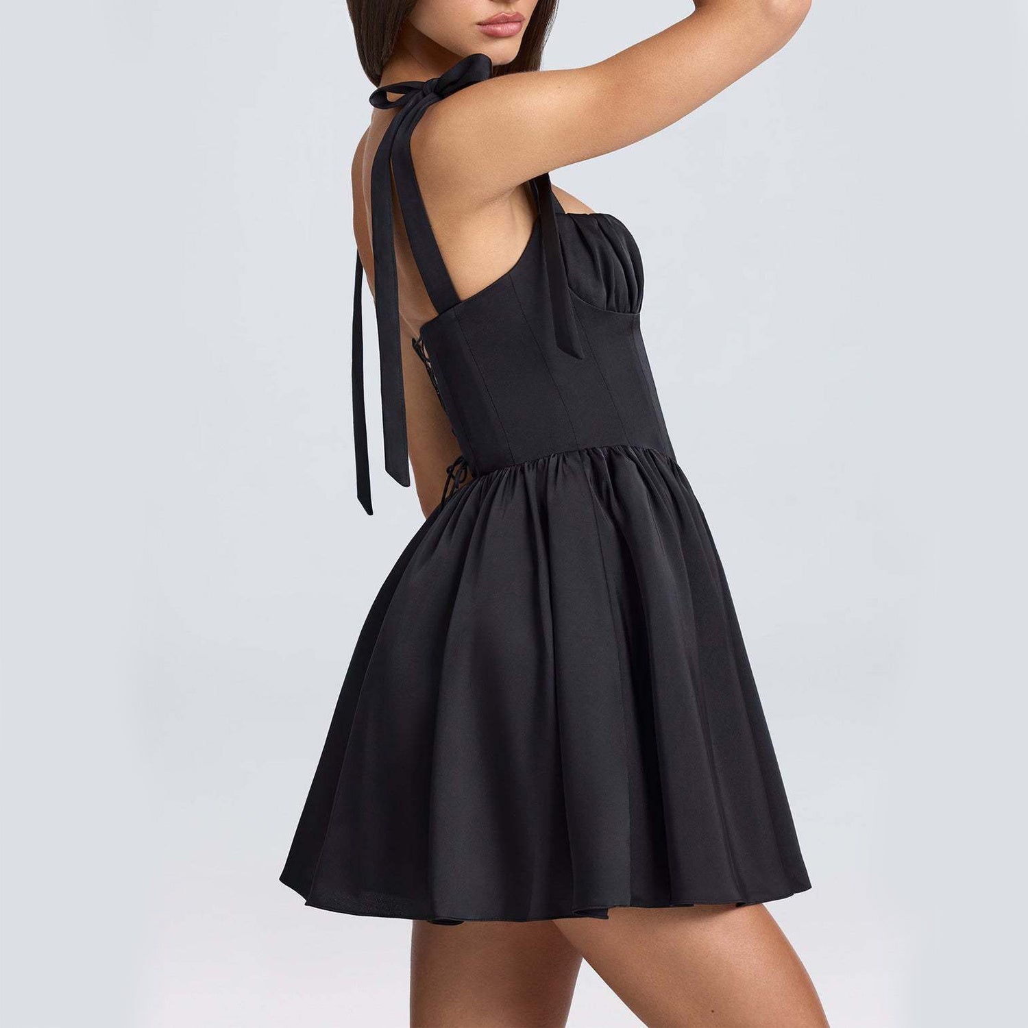 Bow-tied Strap Dress Summer Fashion Backless Square Collar High Waist Short Dress