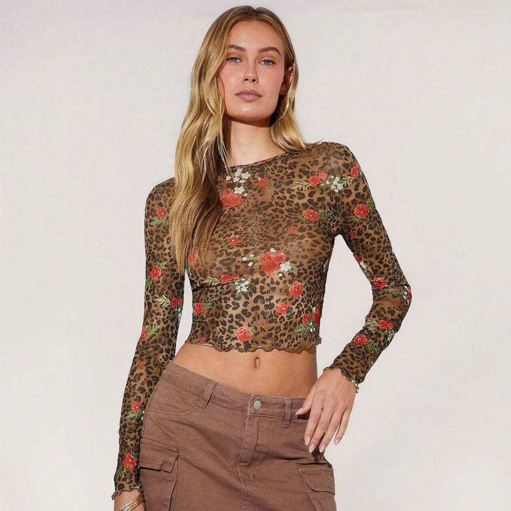 Leopard Print Flower Printed Mesh Round Neck Short Long-sleeved