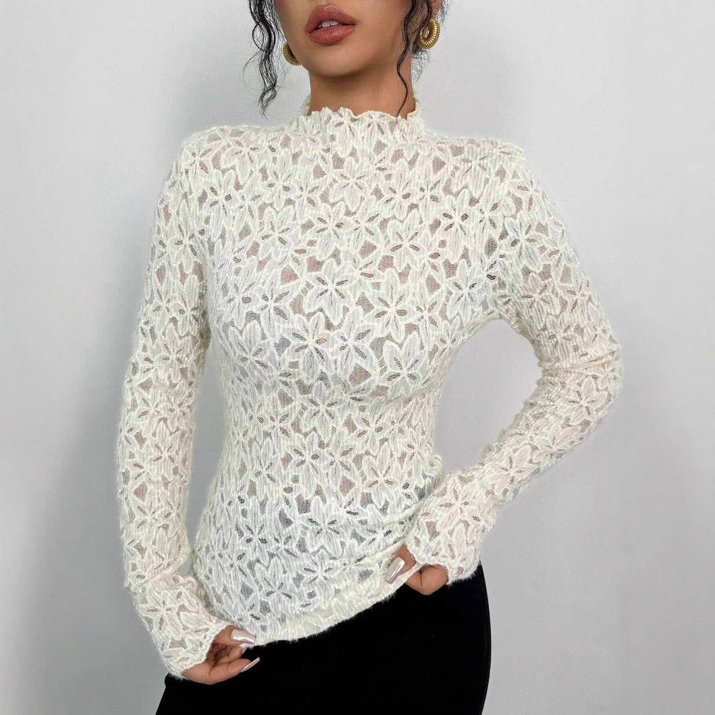 Ladies Wooden Ear Half Turtleneck Lace Slim T-shirt