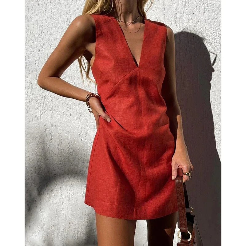 V-neck Cotton And Linen Sleeveless Dress Women's Solid Color Dress