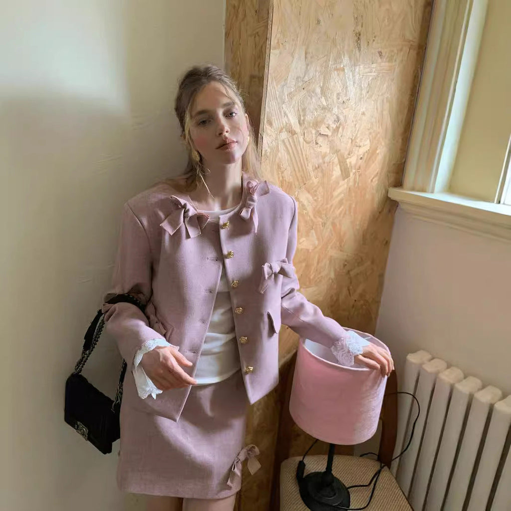 Ladies Bow Coat A- Line Short Skirt Two-piece Set Design Sense