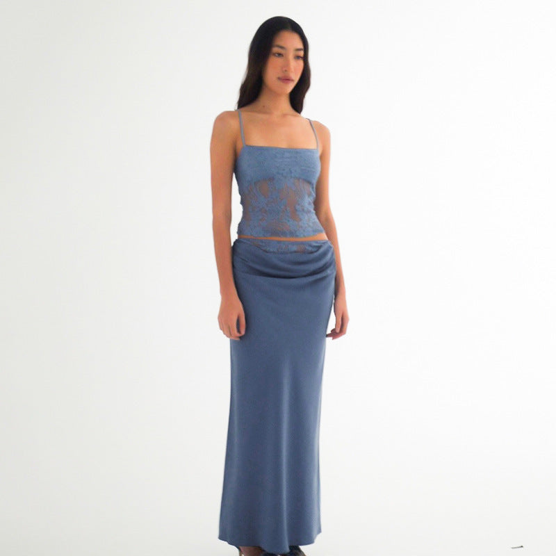 Women's Lace Backless Tube Top Sling Stitching Ruffle Hip Skirt Suit