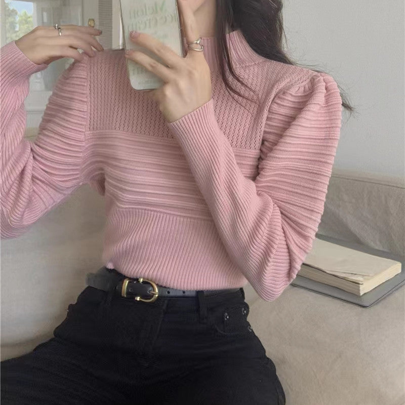 Women's Half Turtleneck Puff Sleeve Knitted Bottoming Shirt