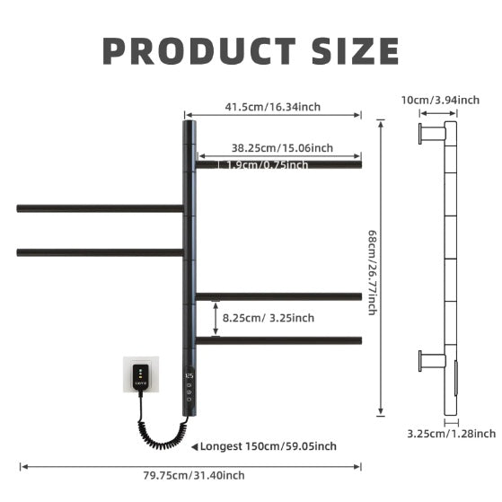 Electric Towel Warmer  Rotating Heated Towel Rack With 1 9H Timer  85W Wall Mounted 5 Bars Electric Towel Rail Concealed Installation Towel Warmer For Bathroom Black