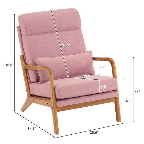 High Back Solid Wood Armrest Backrest Iron Frame Linen Indoor Leisure Chair Pink