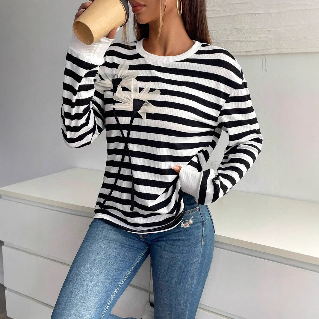 Long Sleeve Crew Neck Striped Floral Sweatshirt