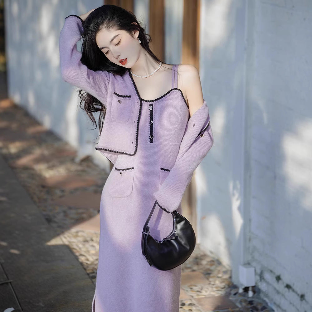 High-grade Pure Desire Style Purple Sweater With Suspenders Cardigan Two-piece Set