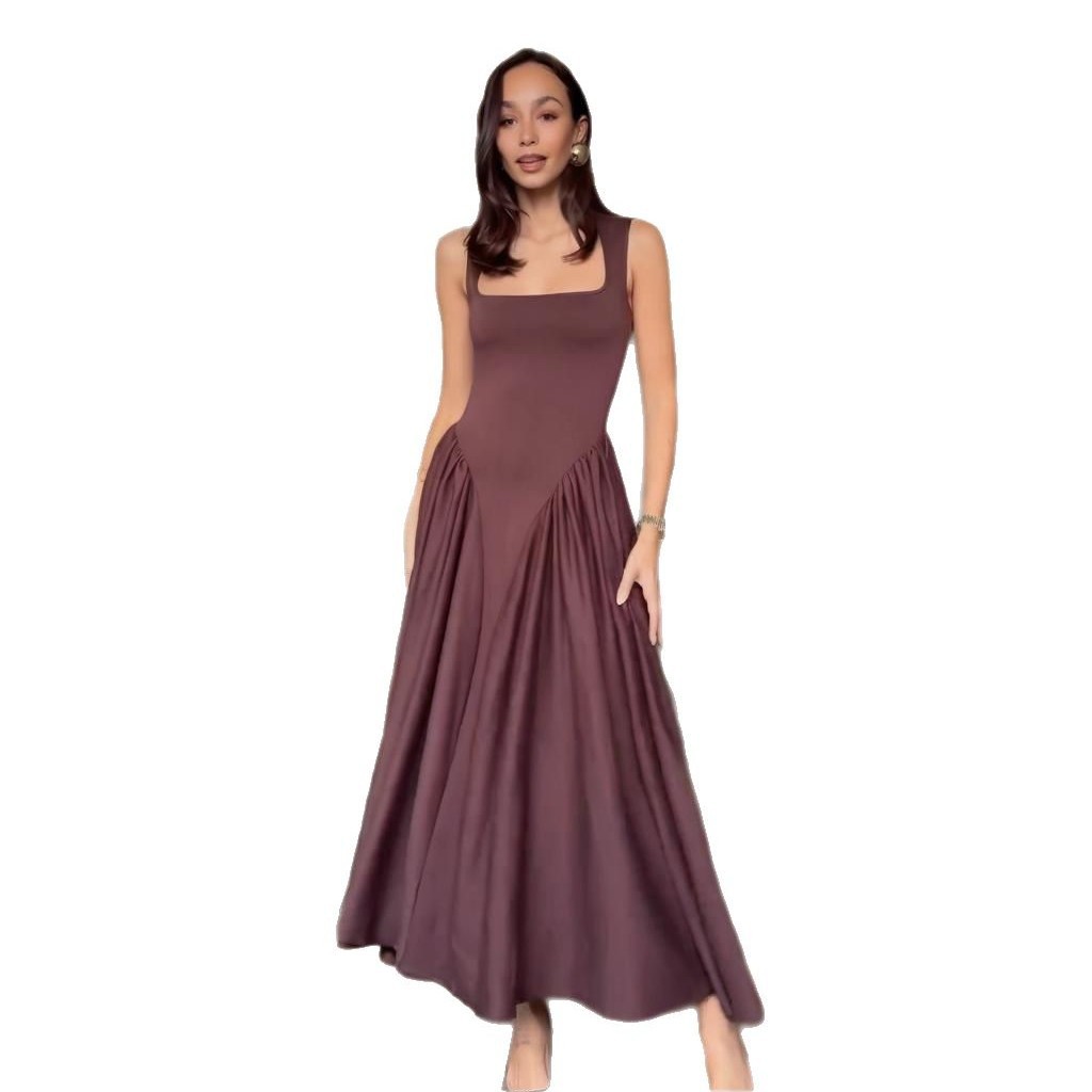 Women's Square Collar Sexy Sleeveless Pleated Temperament Slim Dress